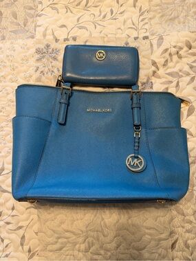 Michael Kors Blue Leather Tote with Matching Wallet